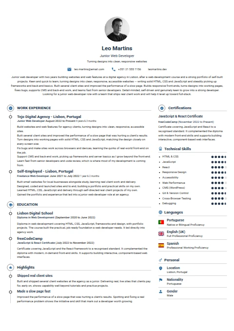 Junior Web Developer resume example