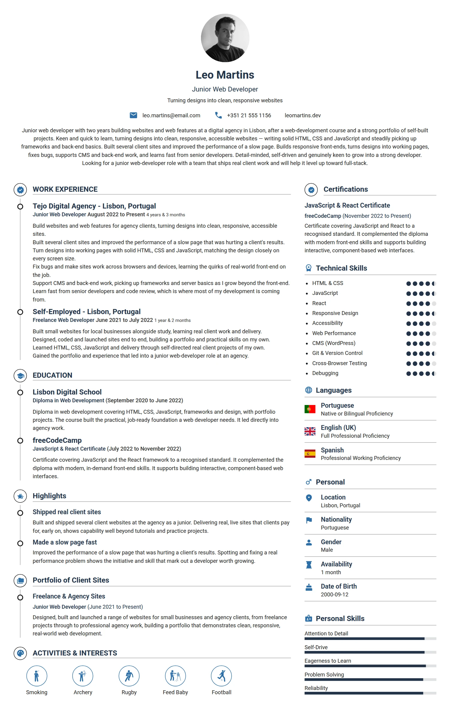 Junior Web Developer resume example — a professionally formatted Software Development & IT CV sample