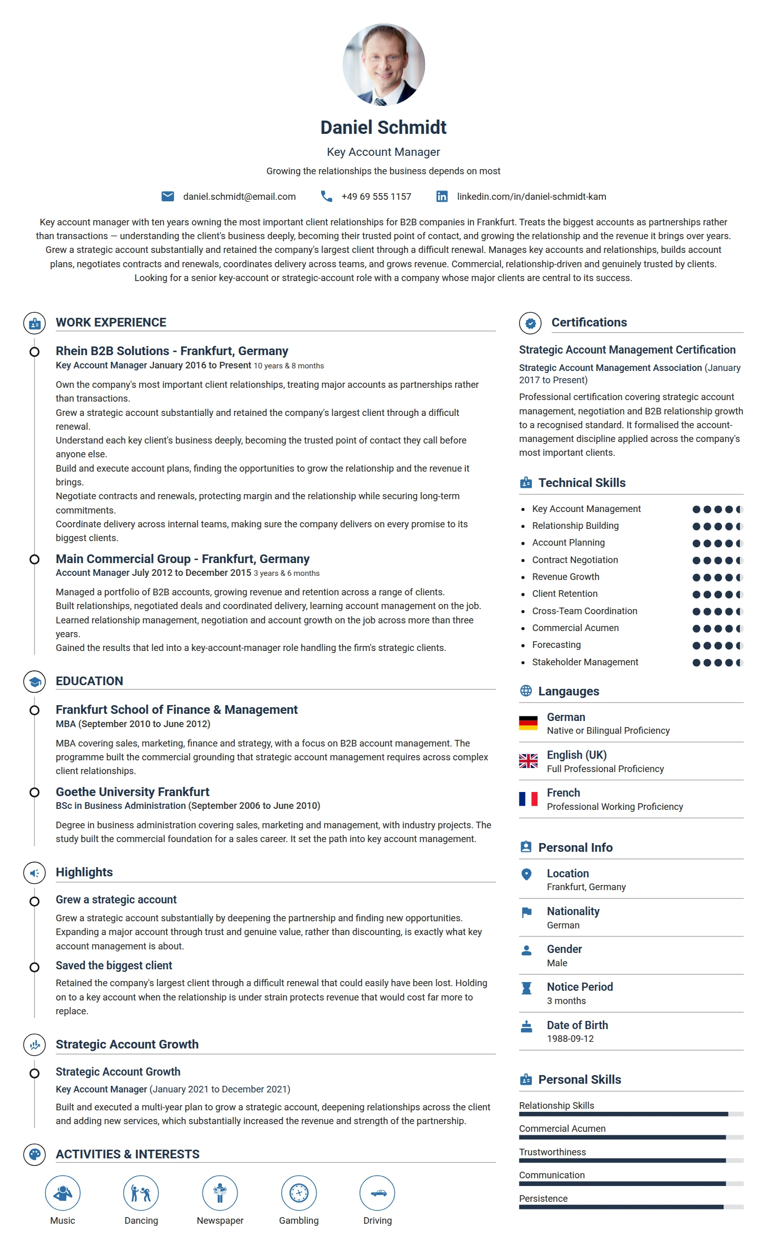 Key Account Manager resume example — a professionally formatted Advertising/Marketing/PR CV sample