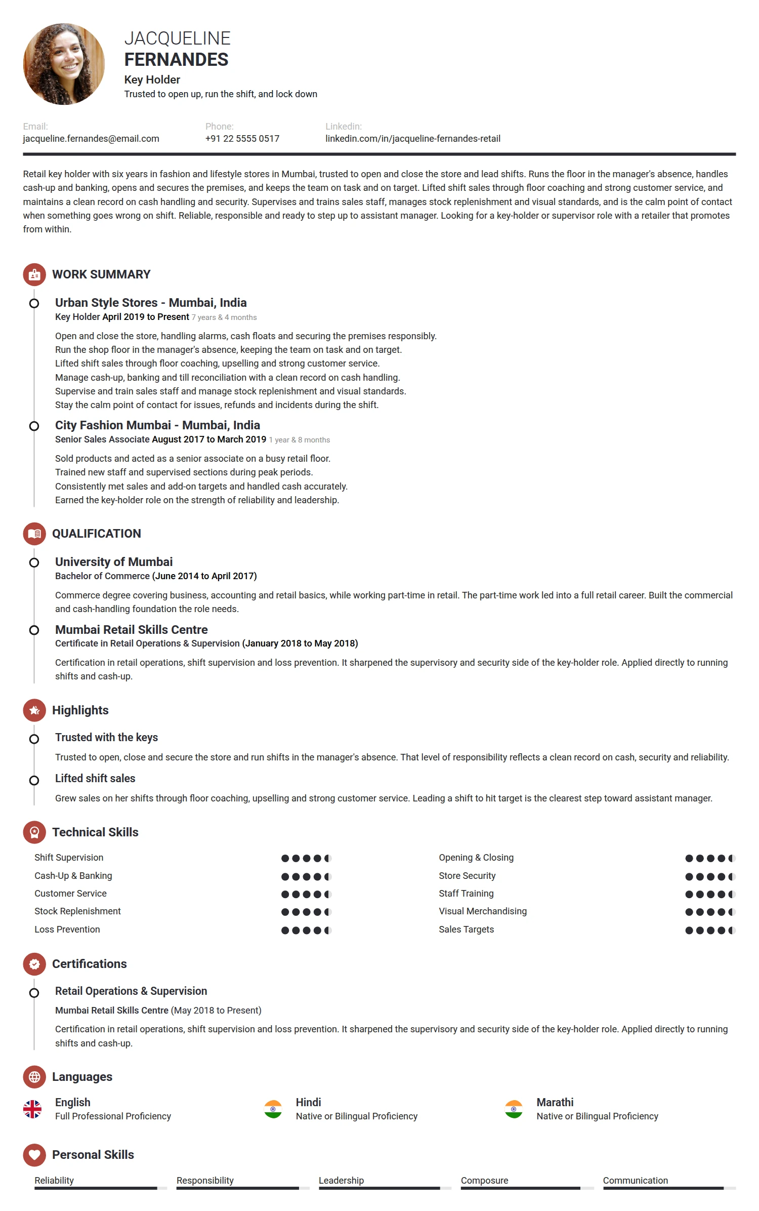 Key Holder resume example — a professionally formatted Sales CV sample