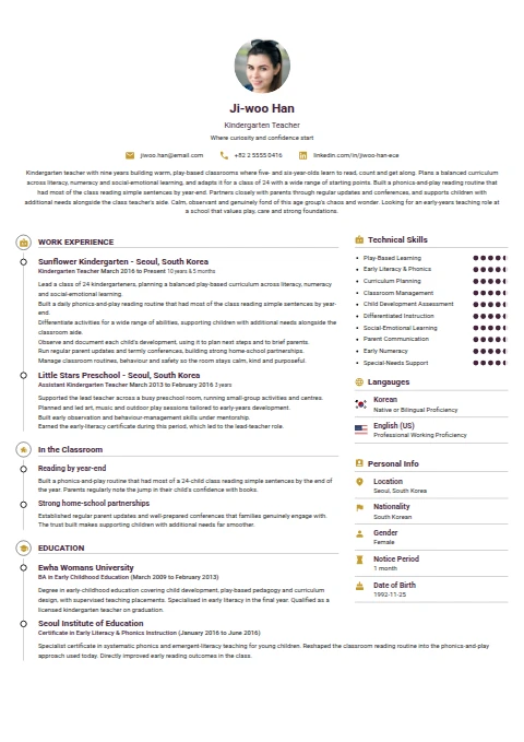 Kindergarten Teacher resume example — a professionally formatted Education CV sample