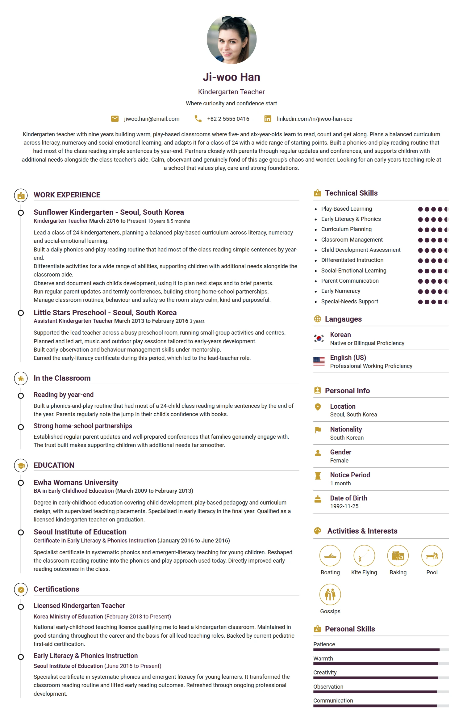 Kindergarten Teacher resume example — a professionally formatted Education CV sample