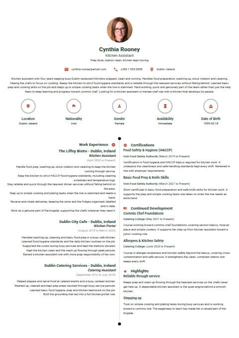 Kitchen Assistant resume example