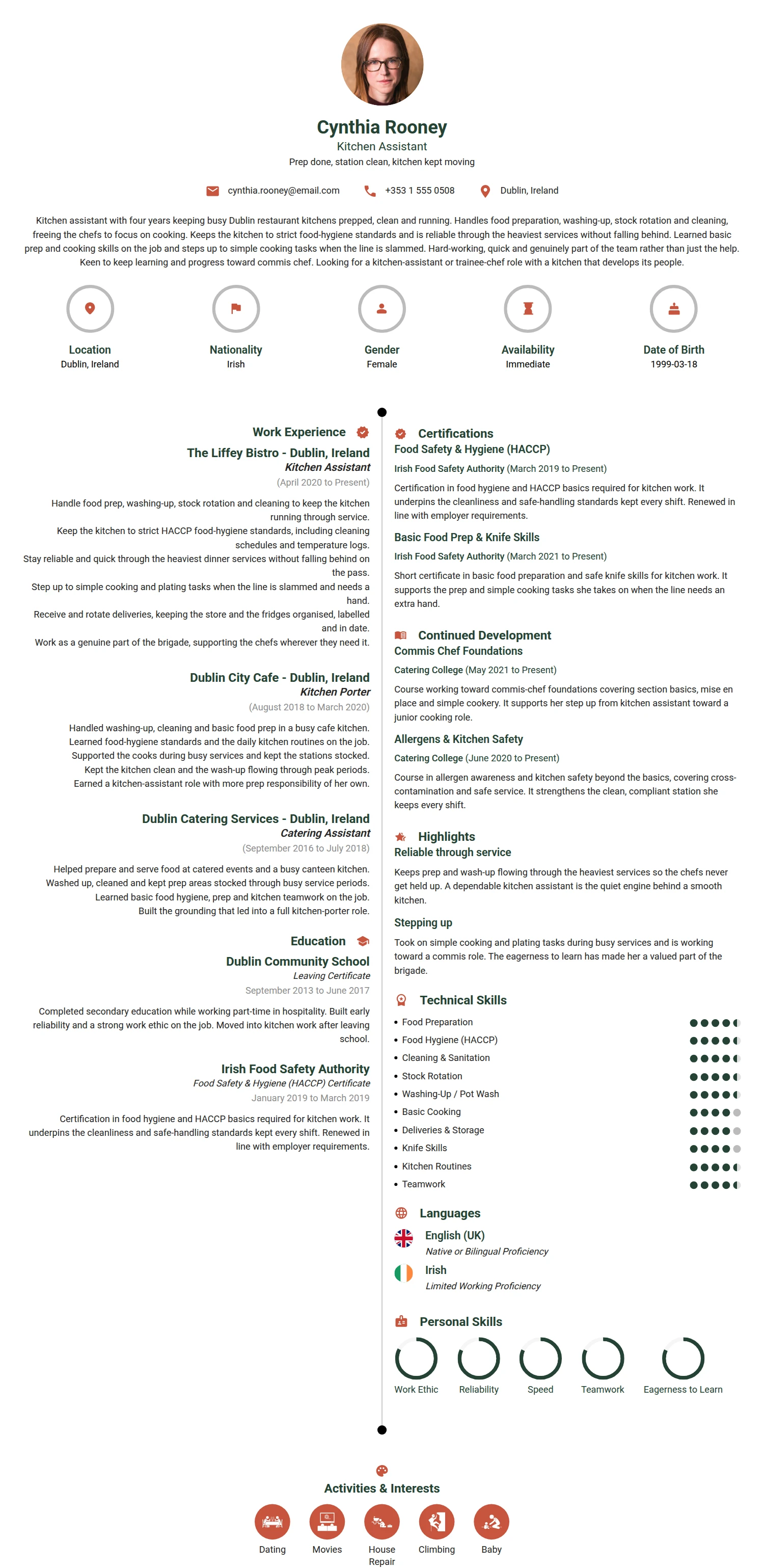 Kitchen Assistant resume example — a professionally formatted Hospitality CV sample
