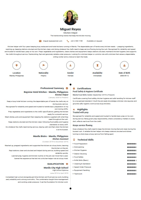 Kitchen Helper resume example