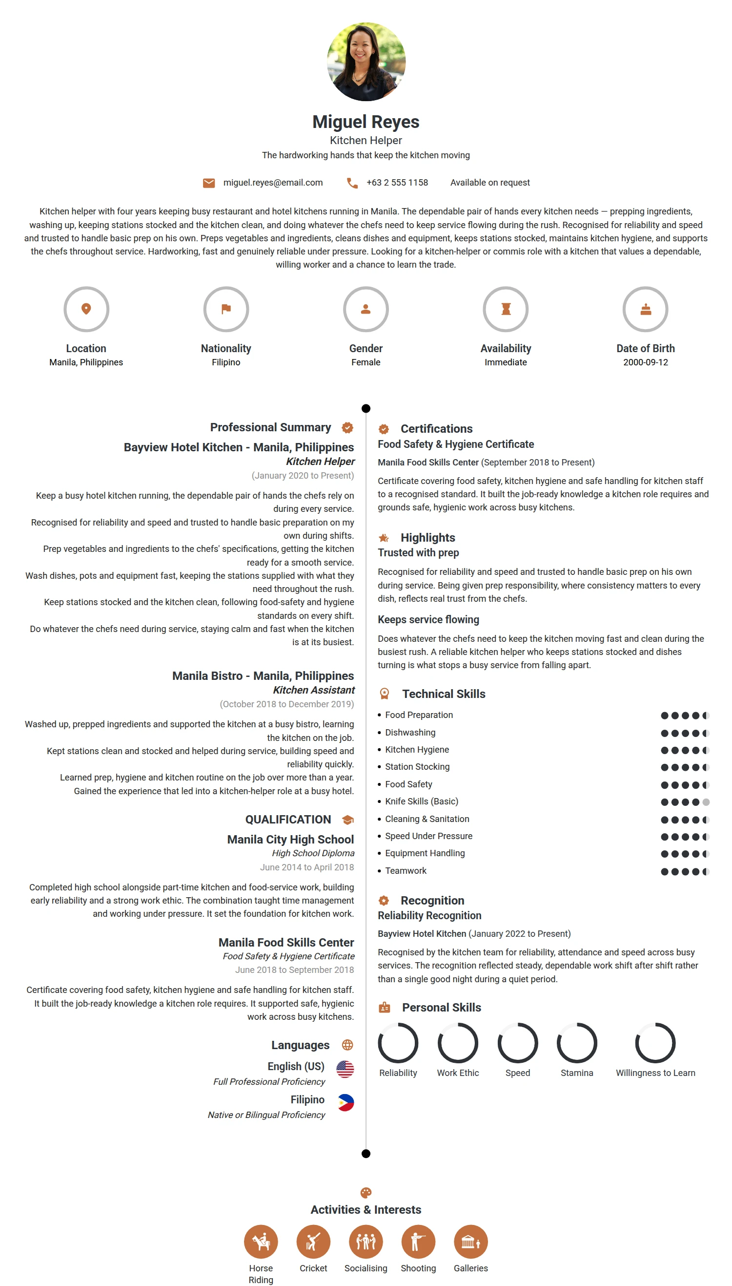 Kitchen Helper resume example — a professionally formatted Hospitality CV sample