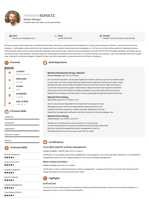 Kitchen Manager resume example