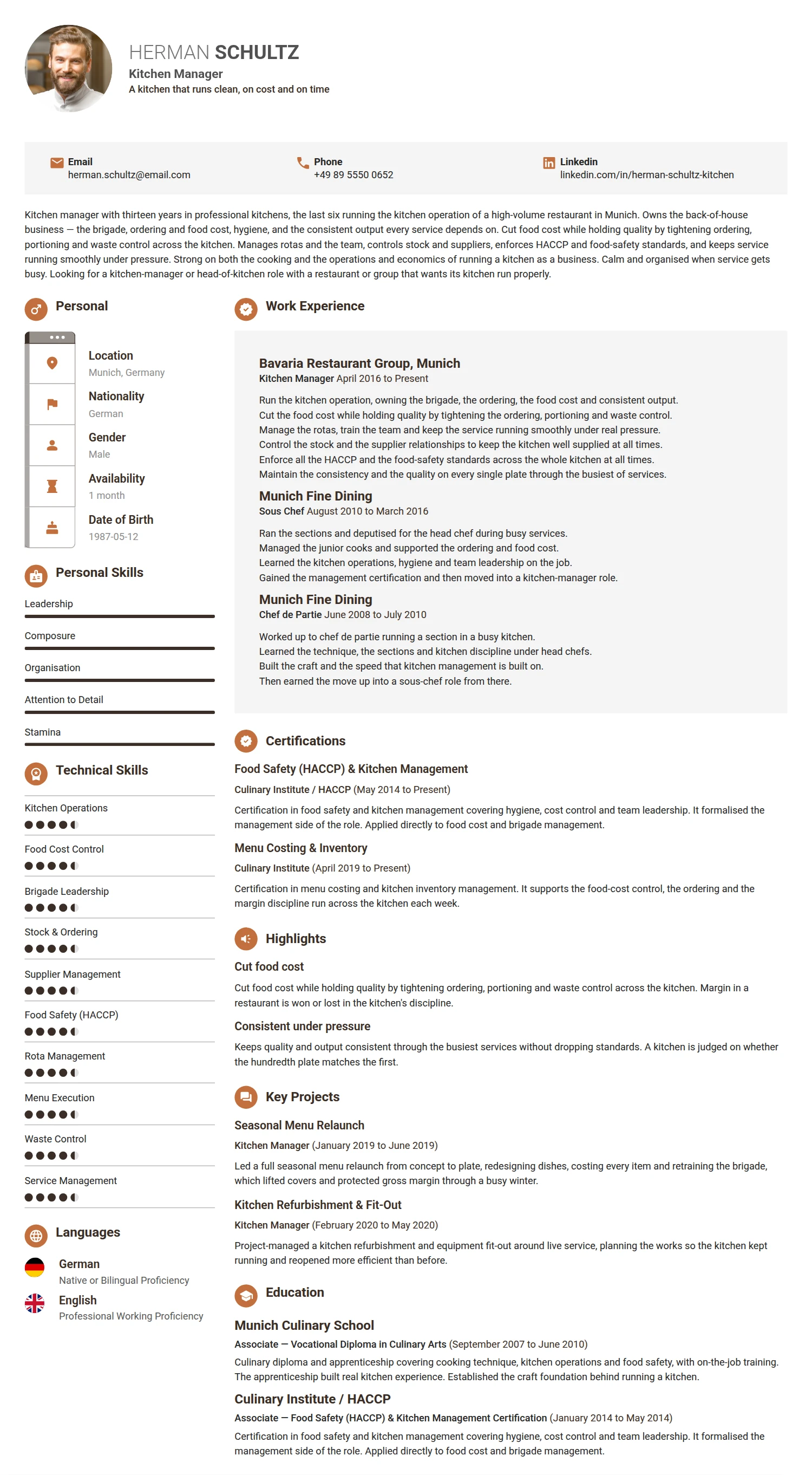 Kitchen Manager resume example — a professionally formatted Hospitality CV sample