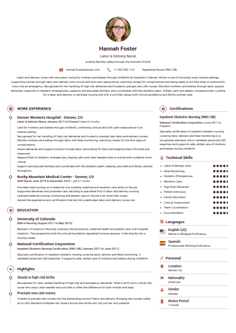 Labor and Delivery Nurse resume example