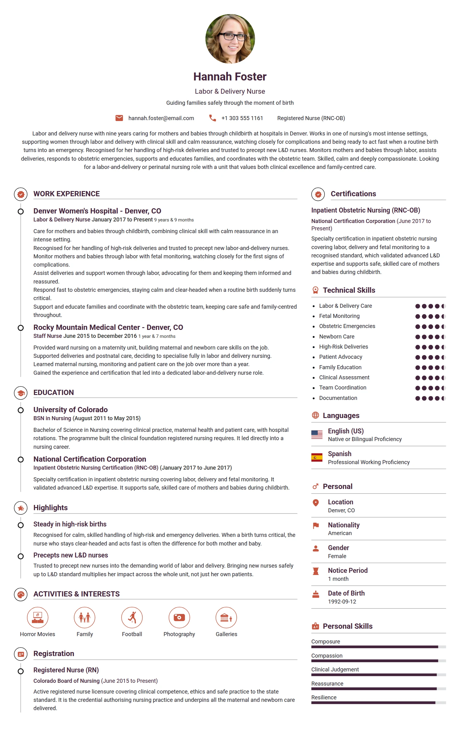 Labor and Delivery Nurse resume example — a professionally formatted Medical & Healthcare CV sample