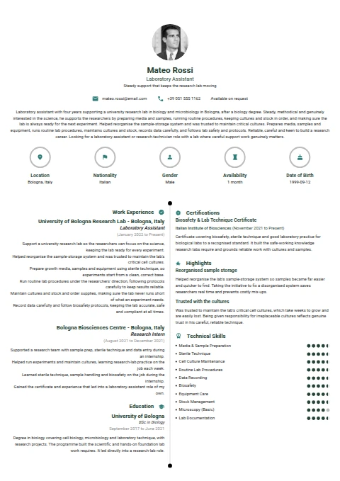 Laboratory Assistant resume example