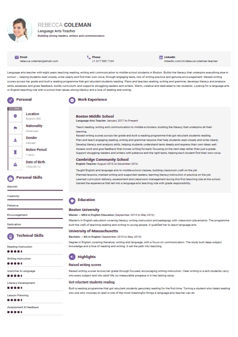 Language Art Teacher resume example