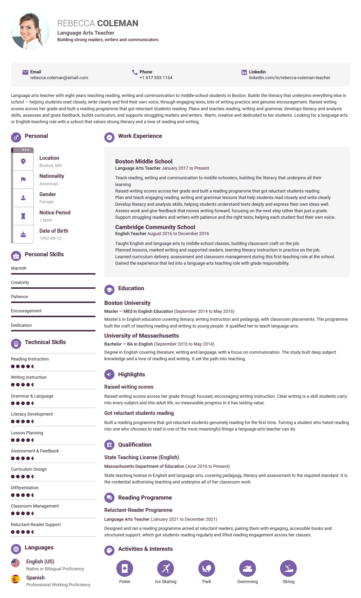 Language Art Teacher resume example — a professionally formatted Education CV sample