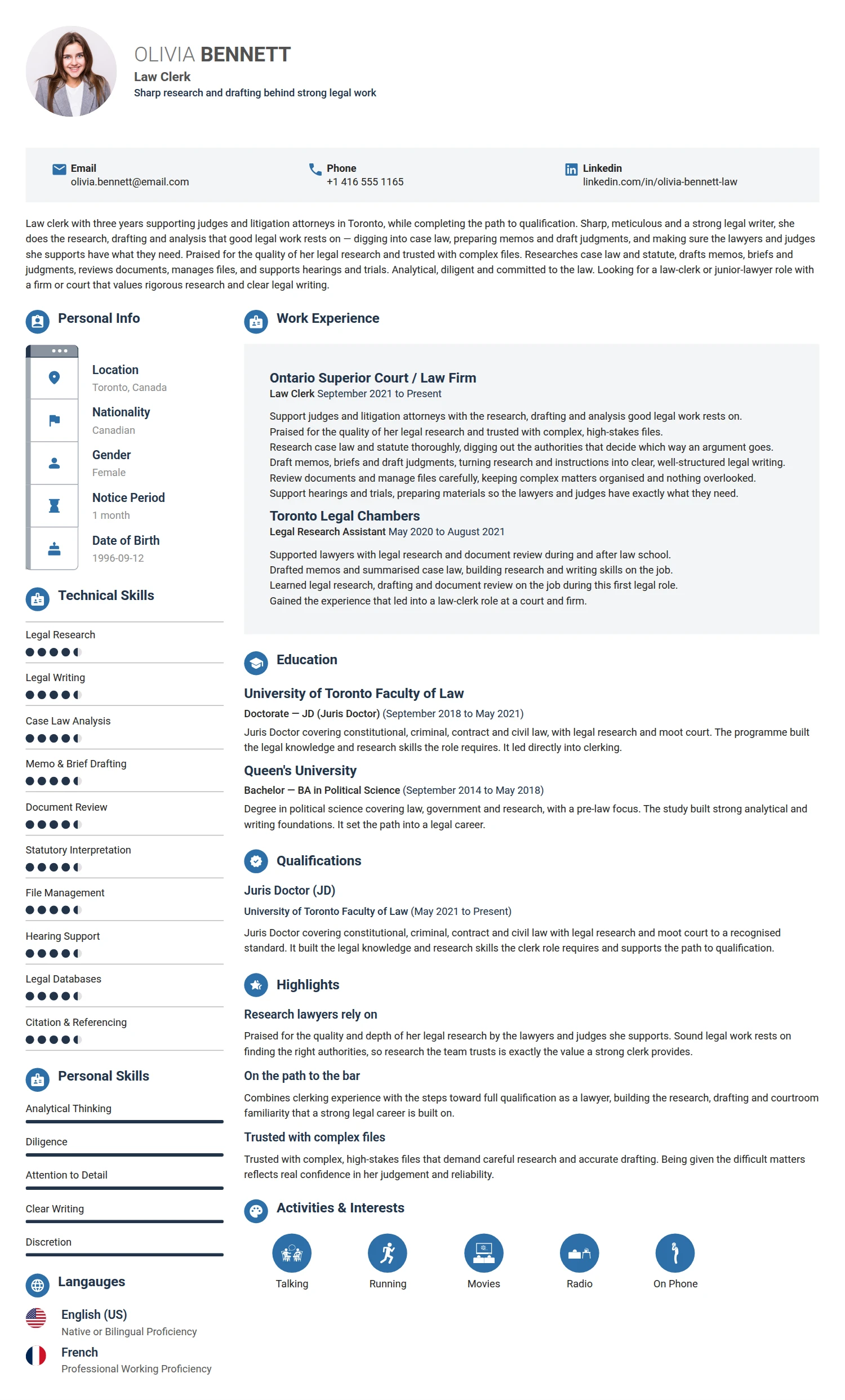 Law Clerk resume example — a professionally formatted Legal CV sample