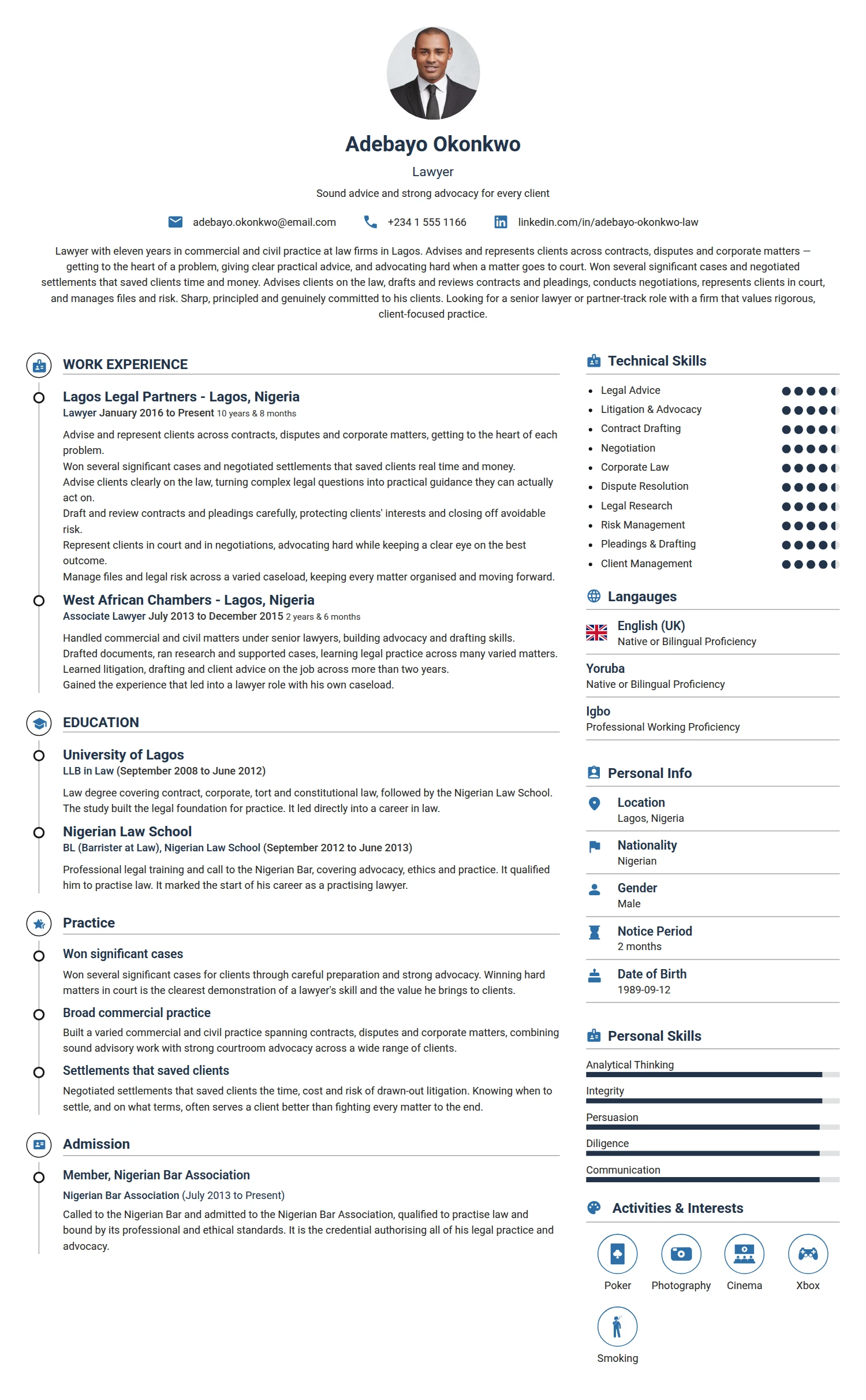 Lawyer resume example — a professionally formatted Legal CV sample