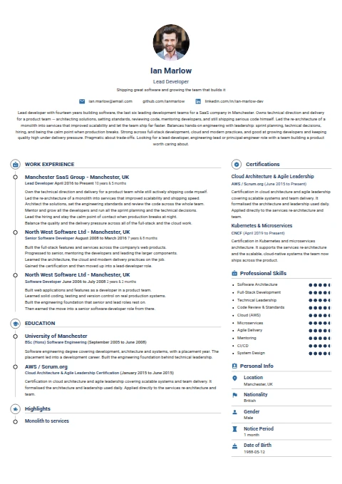 Lead Developer resume example — a professionally formatted Software Development & IT CV sample