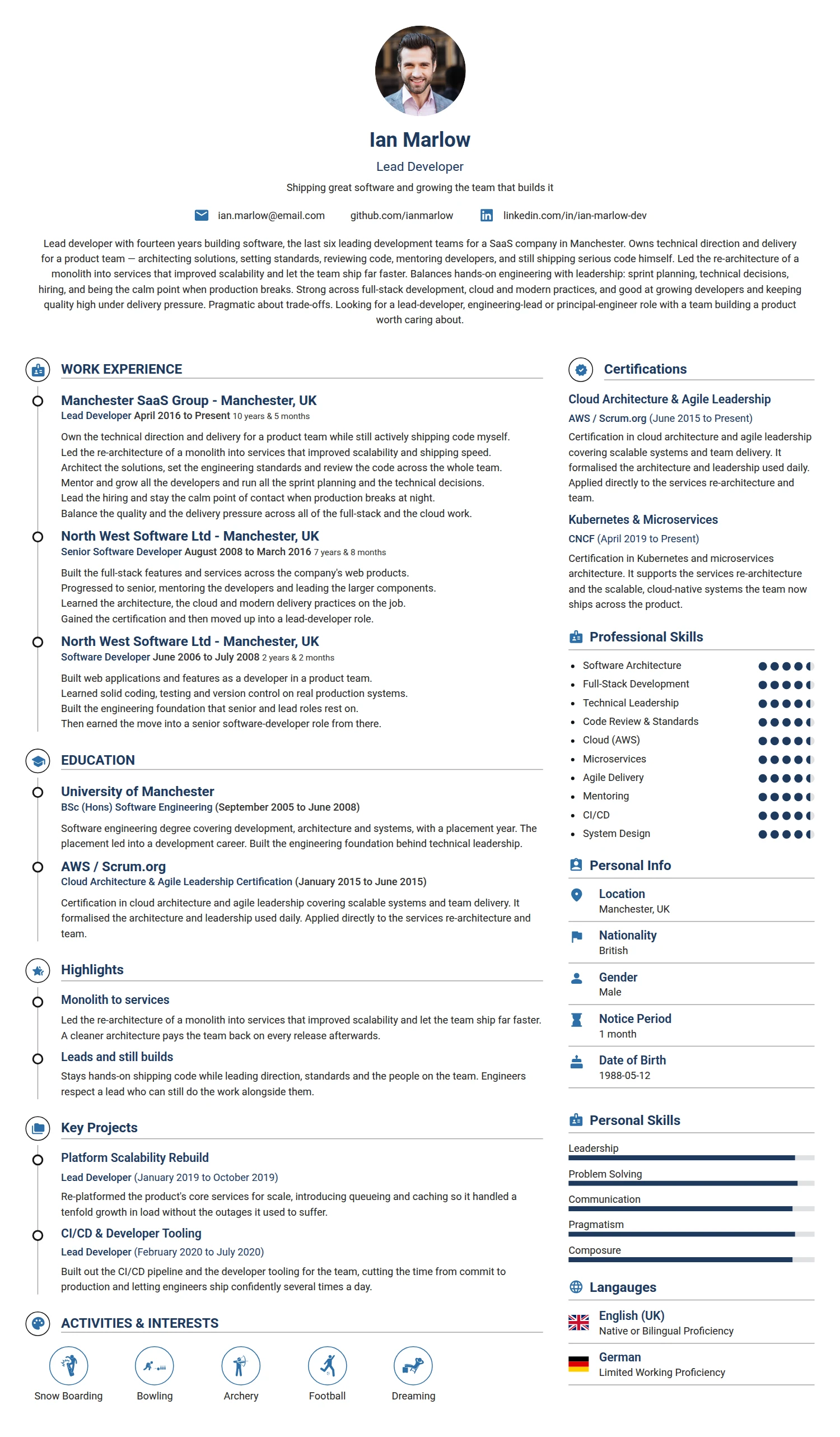 Lead Developer resume example — a professionally formatted Software Development & IT CV sample