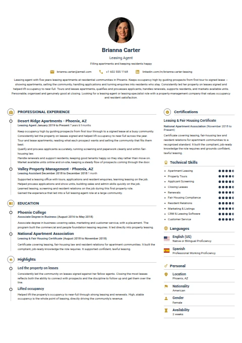 Leasing Agent resume example