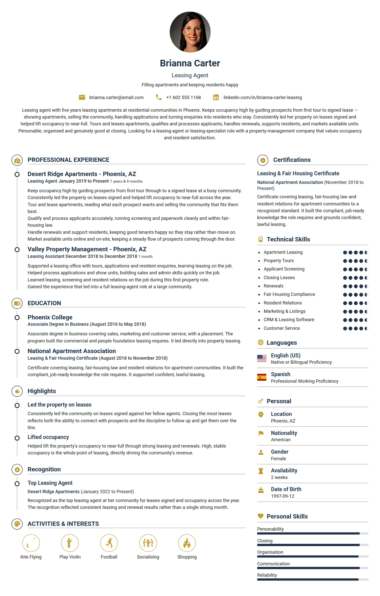 Leasing Agent resume example — a professionally formatted Financial Services & Banking CV sample