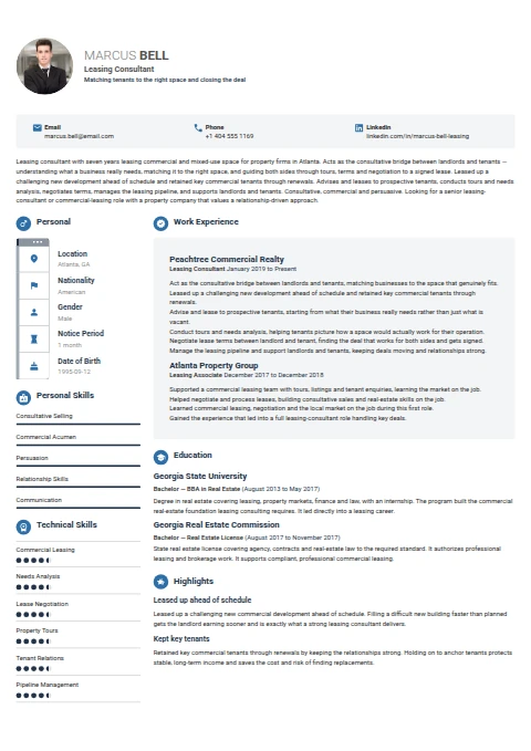 Leasing Consultant resume example — a professionally formatted Legal CV sample