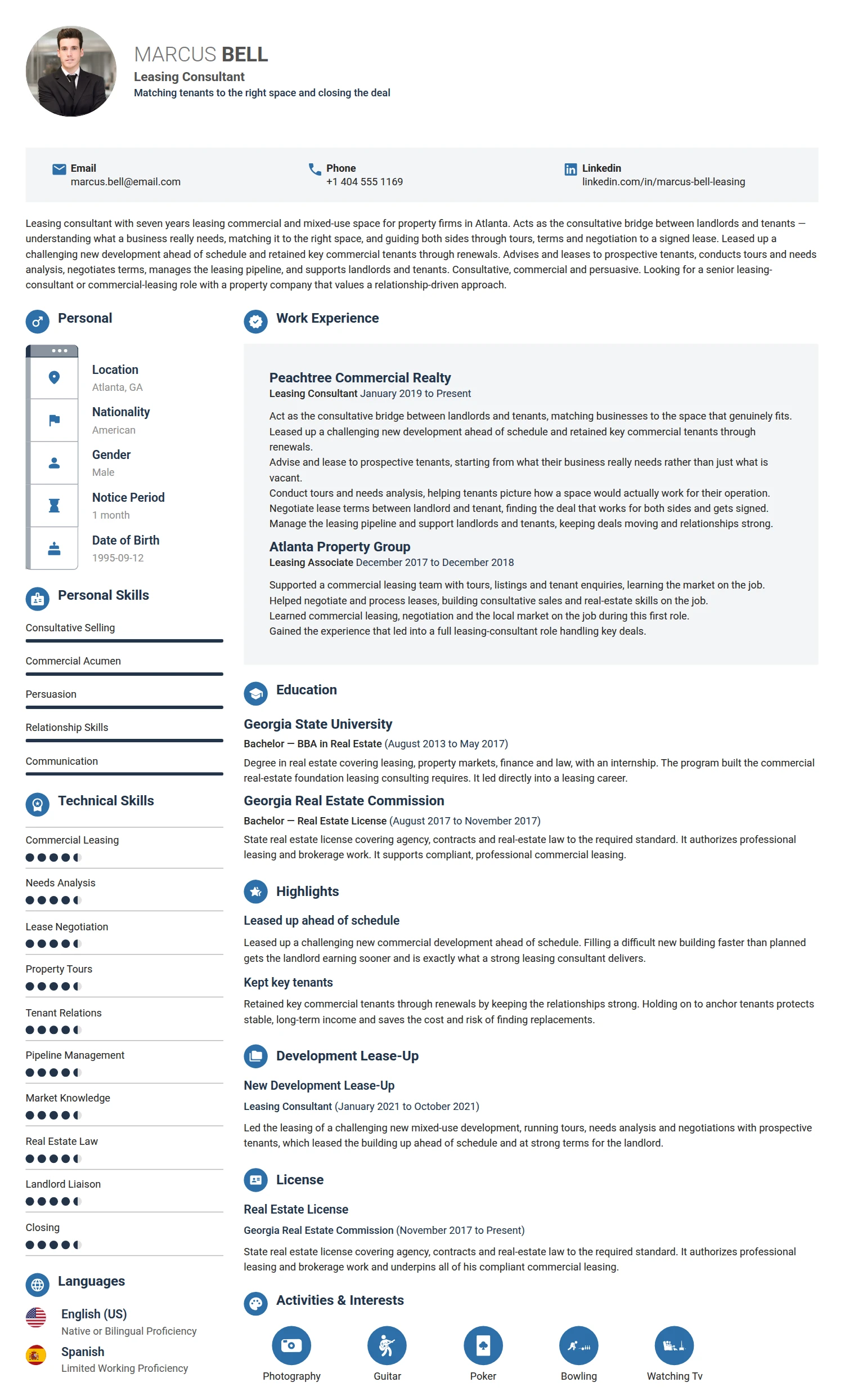 Leasing Consultant resume example — a professionally formatted Legal CV sample