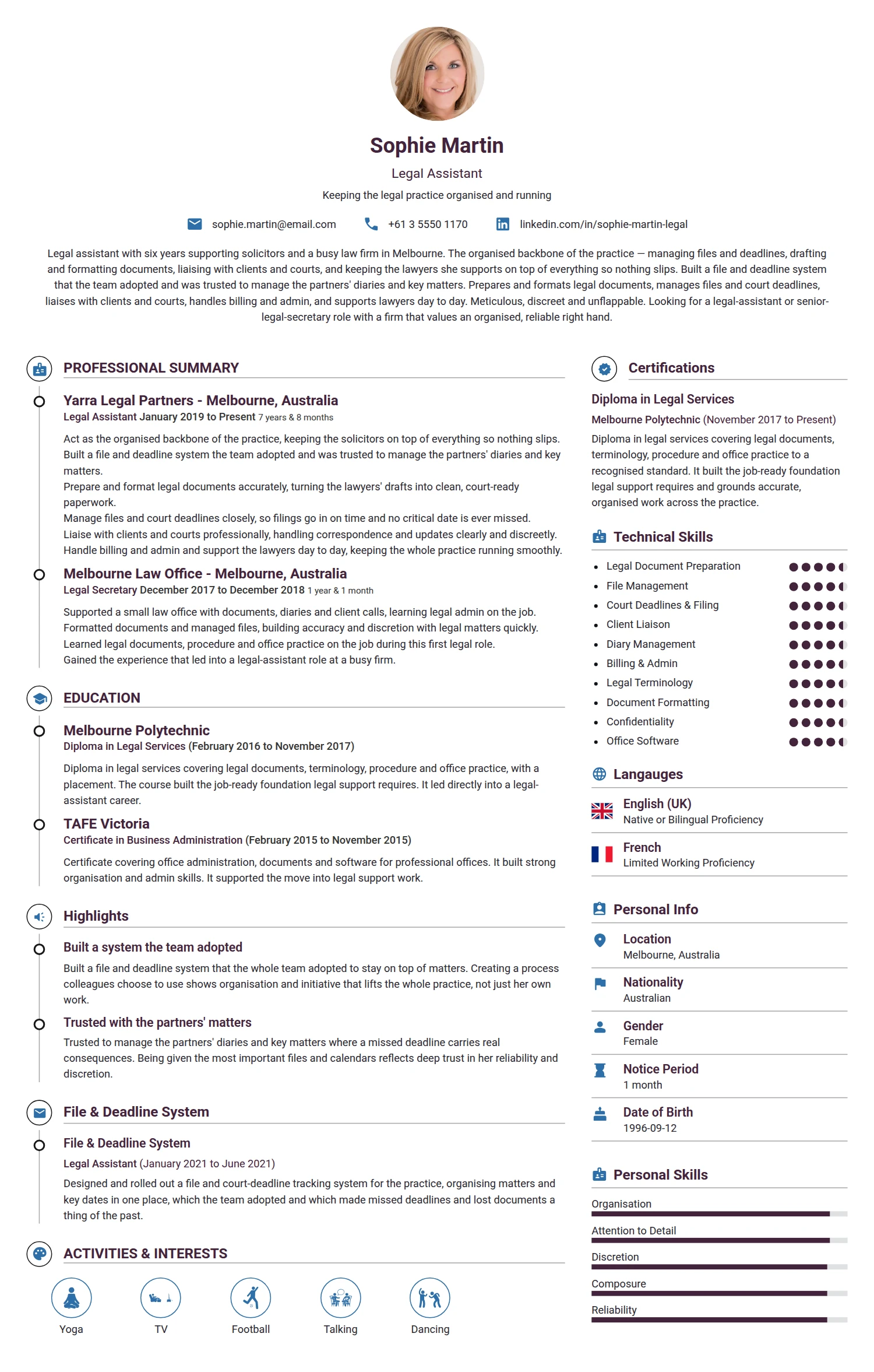 Legal Assistant resume example — a professionally formatted Legal CV sample