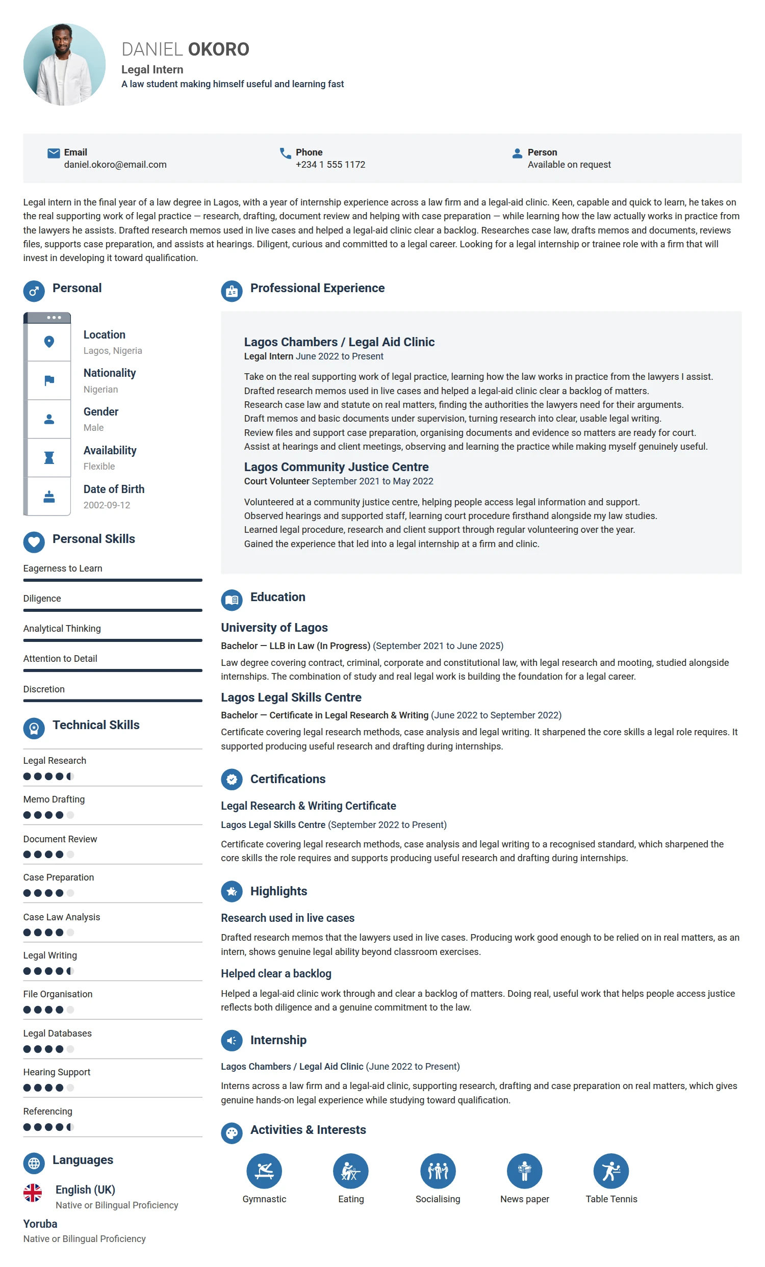 Legal Intern resume example — a professionally formatted Legal CV sample