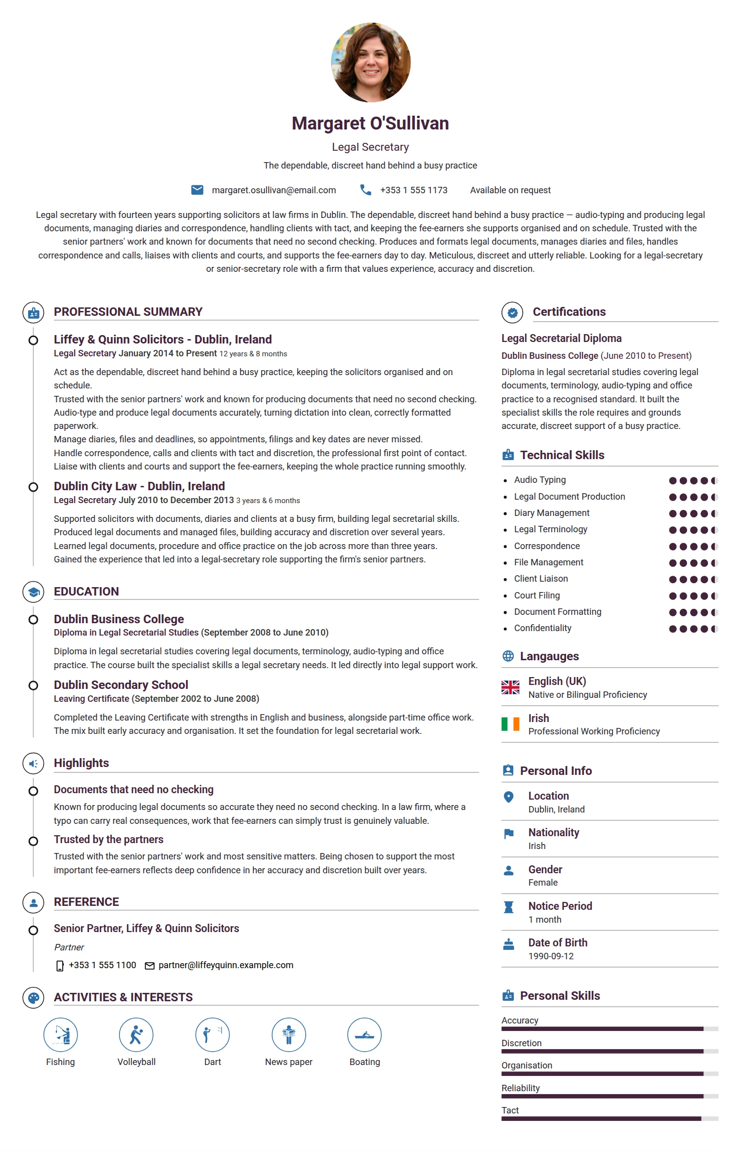 Legal Secretary resume example — a professionally formatted Legal CV sample