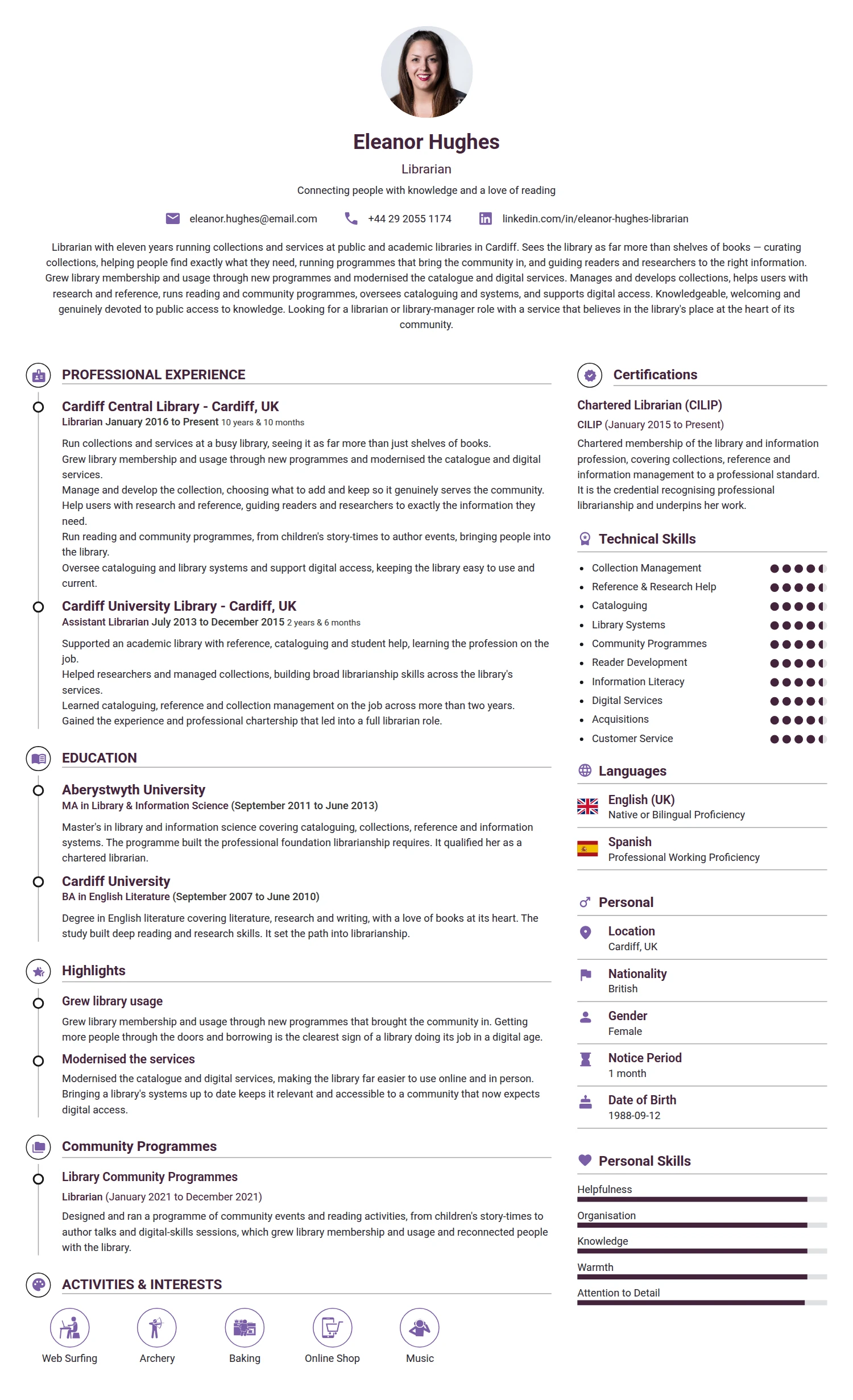 Librarian resume example — a professionally formatted Education CV sample