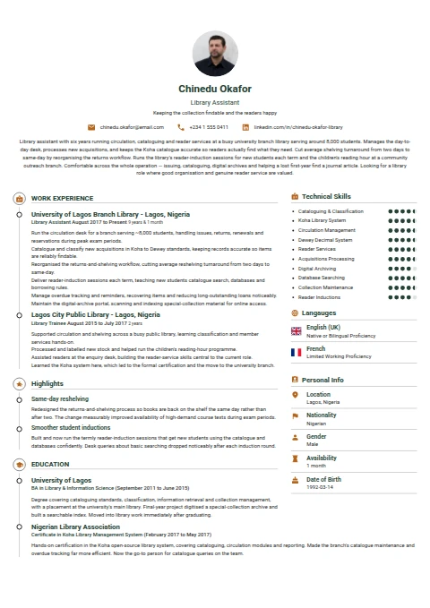 Library Assistant resume example — a professionally formatted Education CV sample