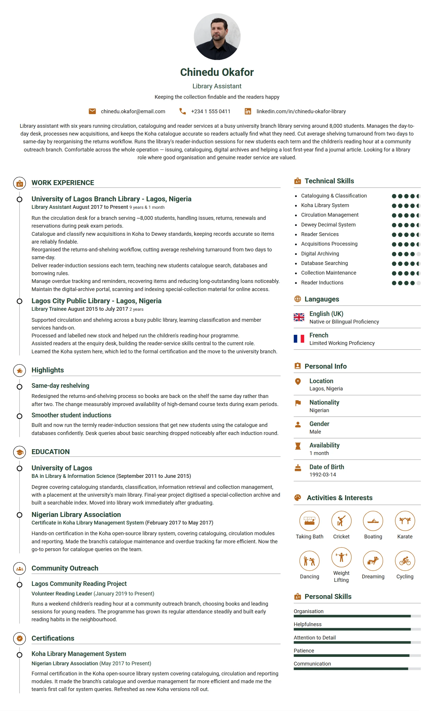 Library Assistant resume example — a professionally formatted Education CV sample