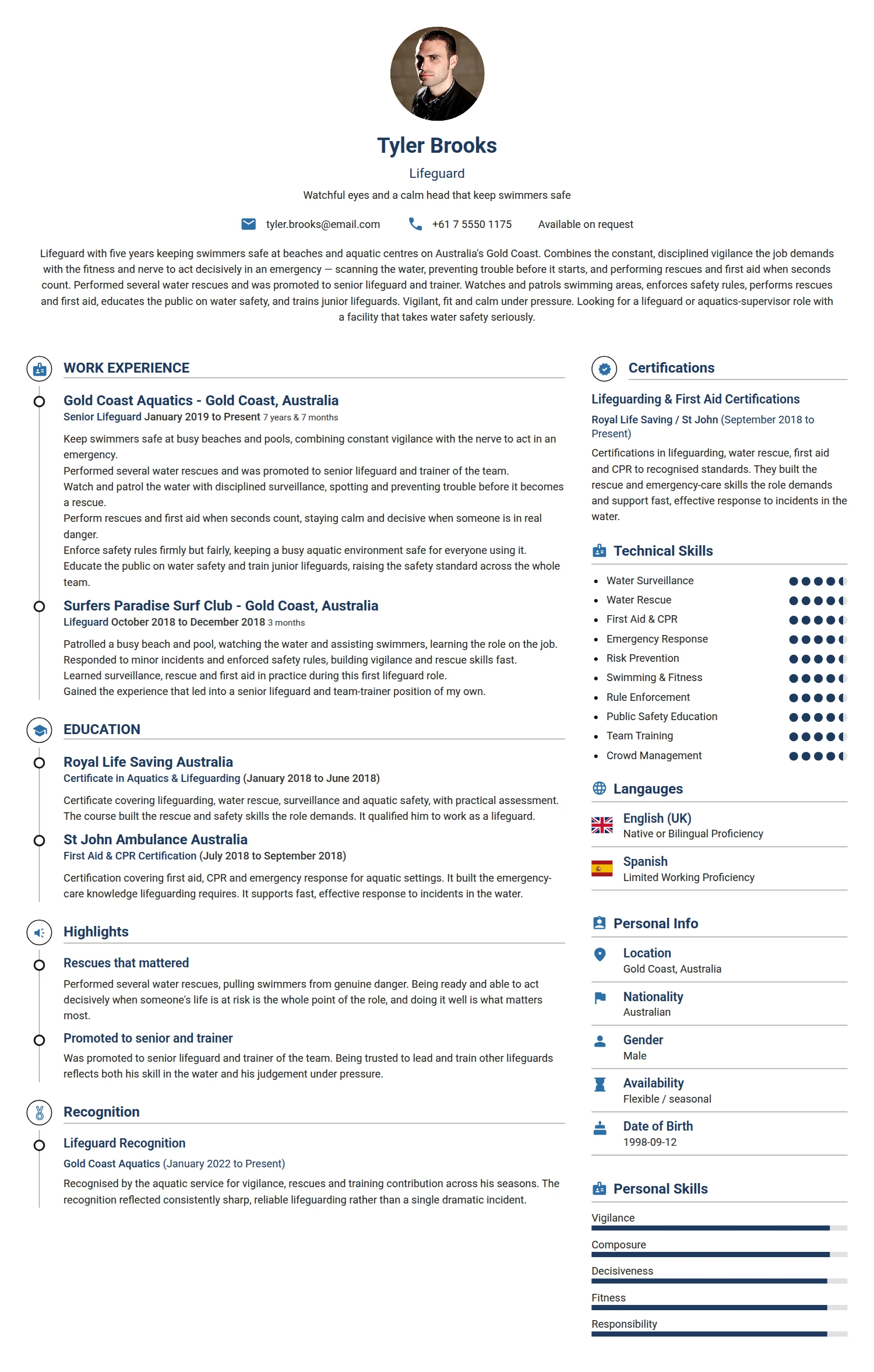 Lifeguard resume example — a professionally formatted Law Enforcement/Military/Security CV sample