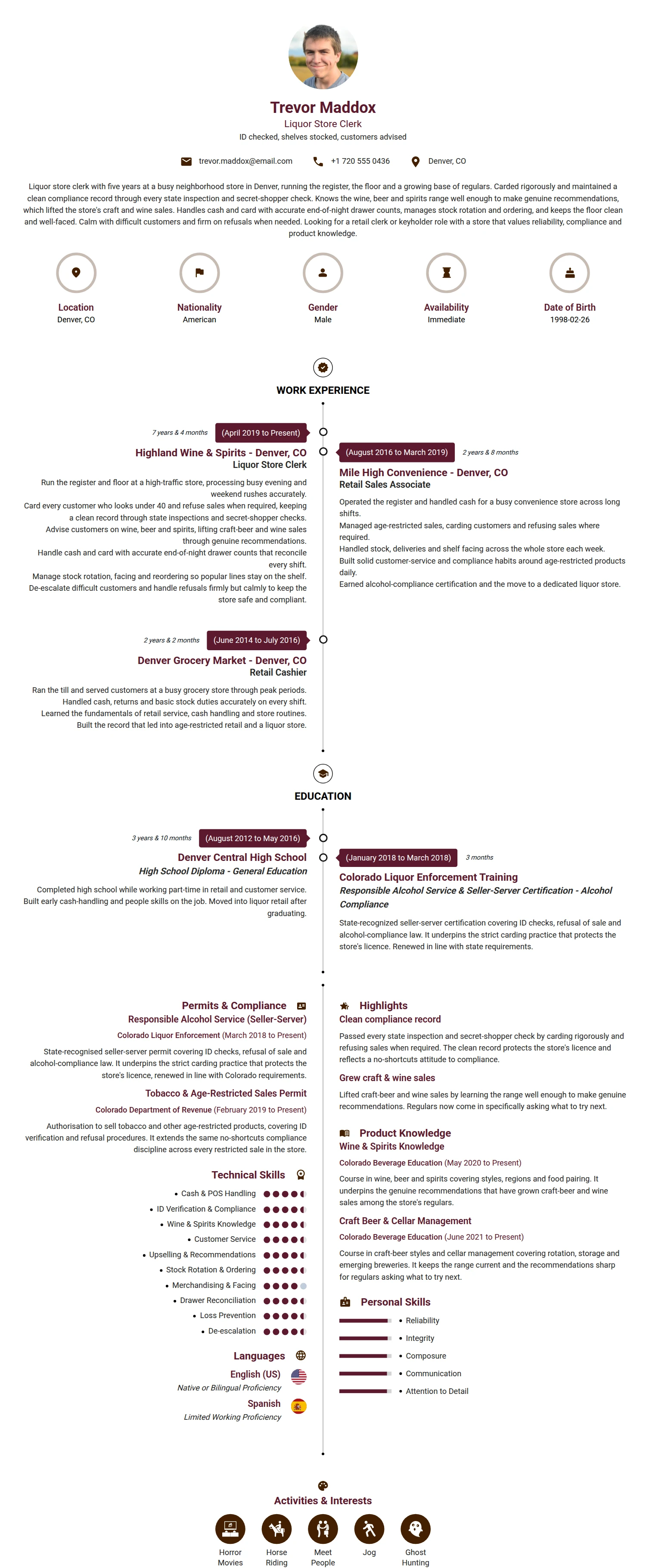 Liquor Store Clerk resume example — a professionally formatted Accounting/Auditing CV sample