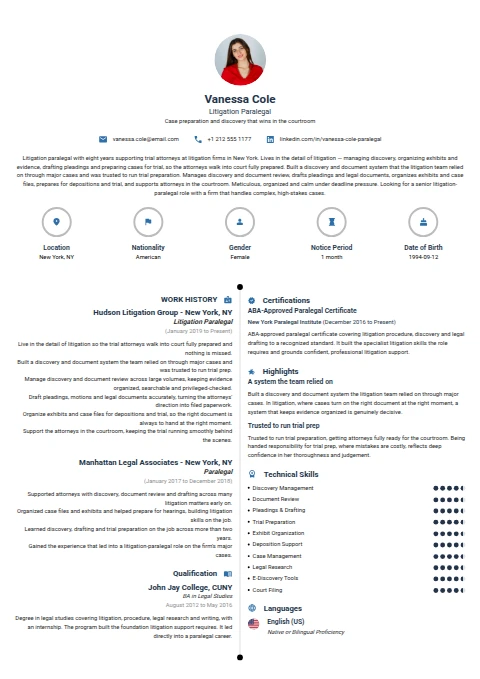 Litigation Paralegal resume example — a professionally formatted Legal CV sample