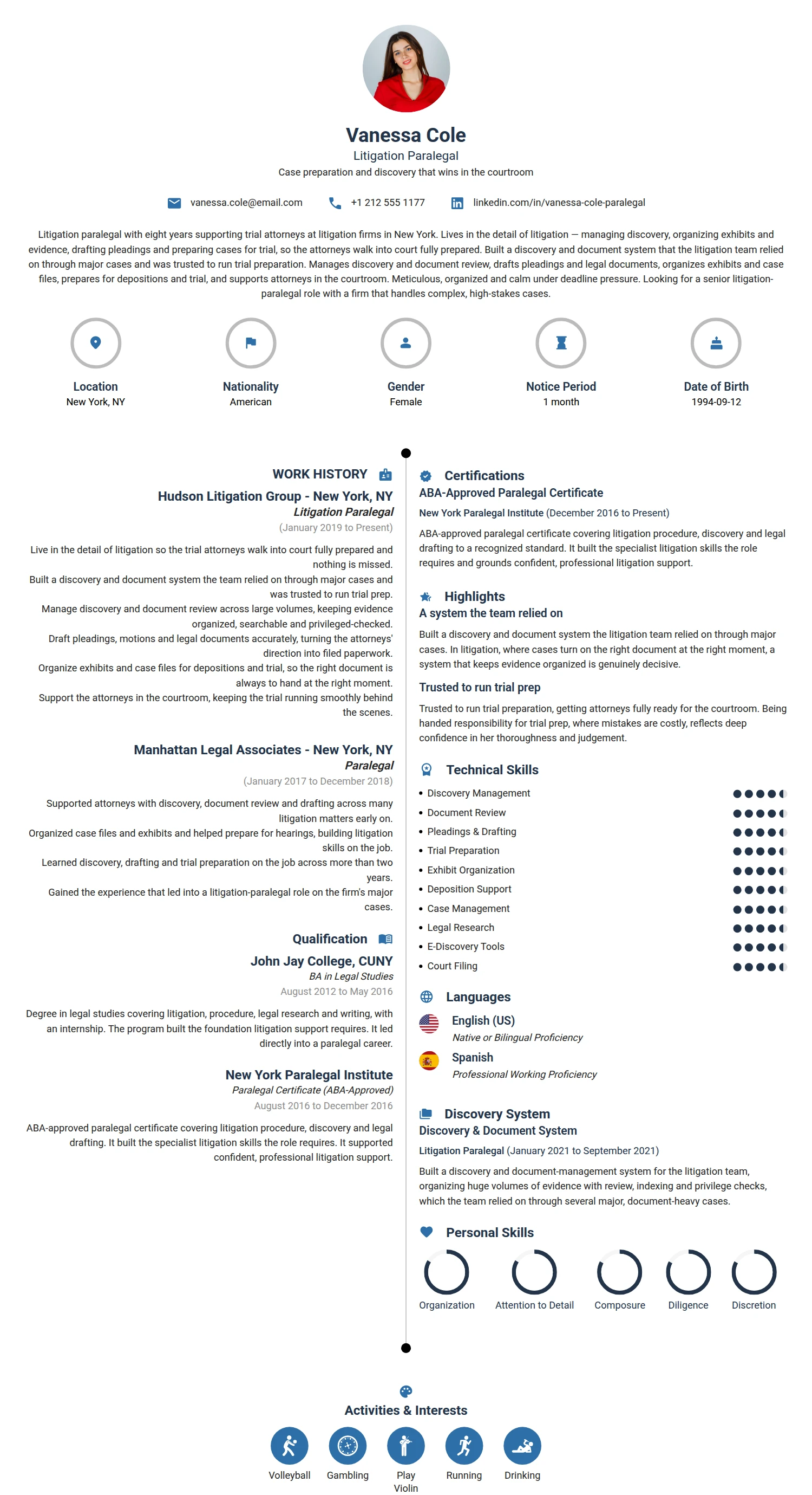 Litigation Paralegal resume example — a professionally formatted Legal CV sample