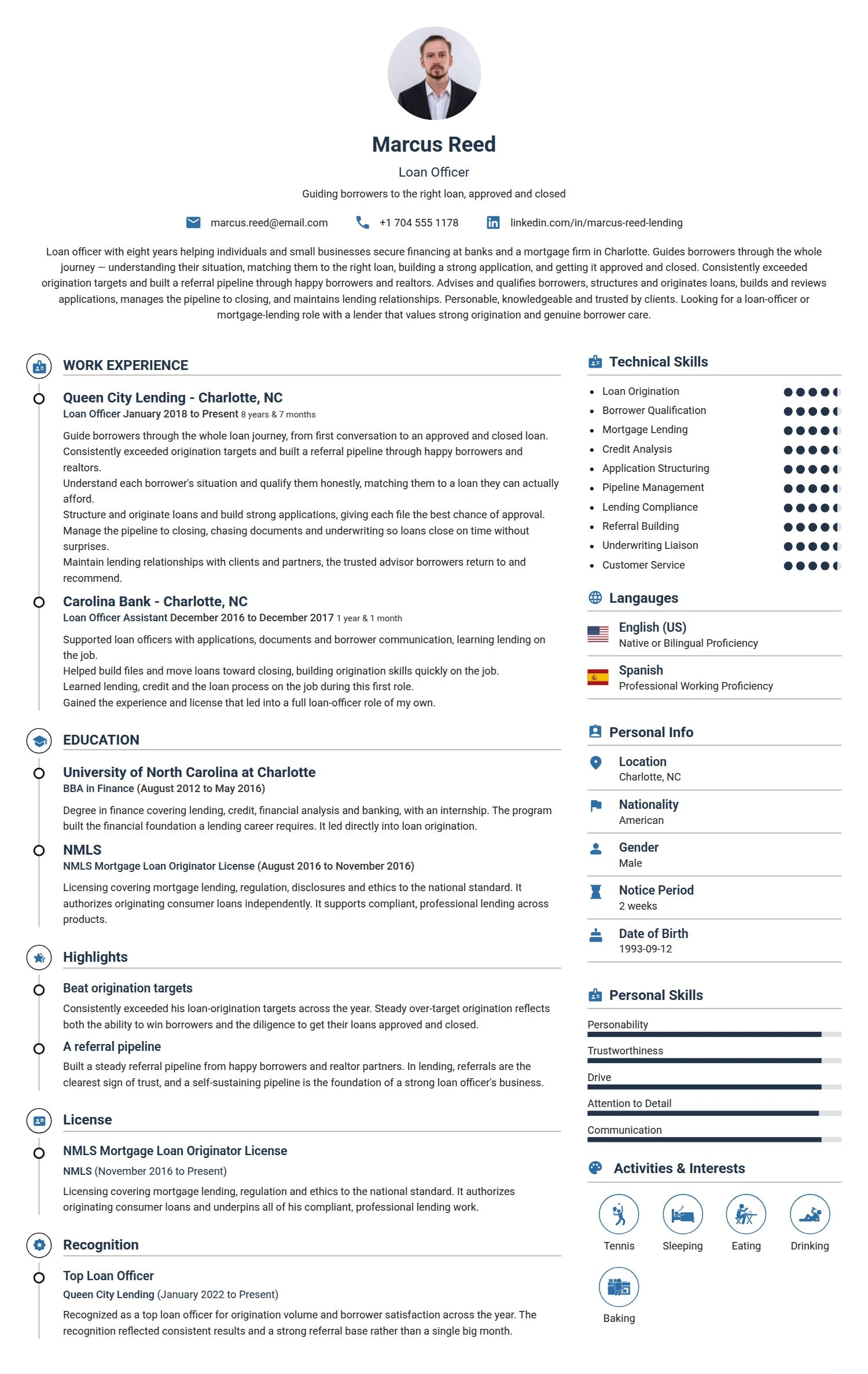 Loan Officer resume example — a professionally formatted Financial Services & Banking CV sample