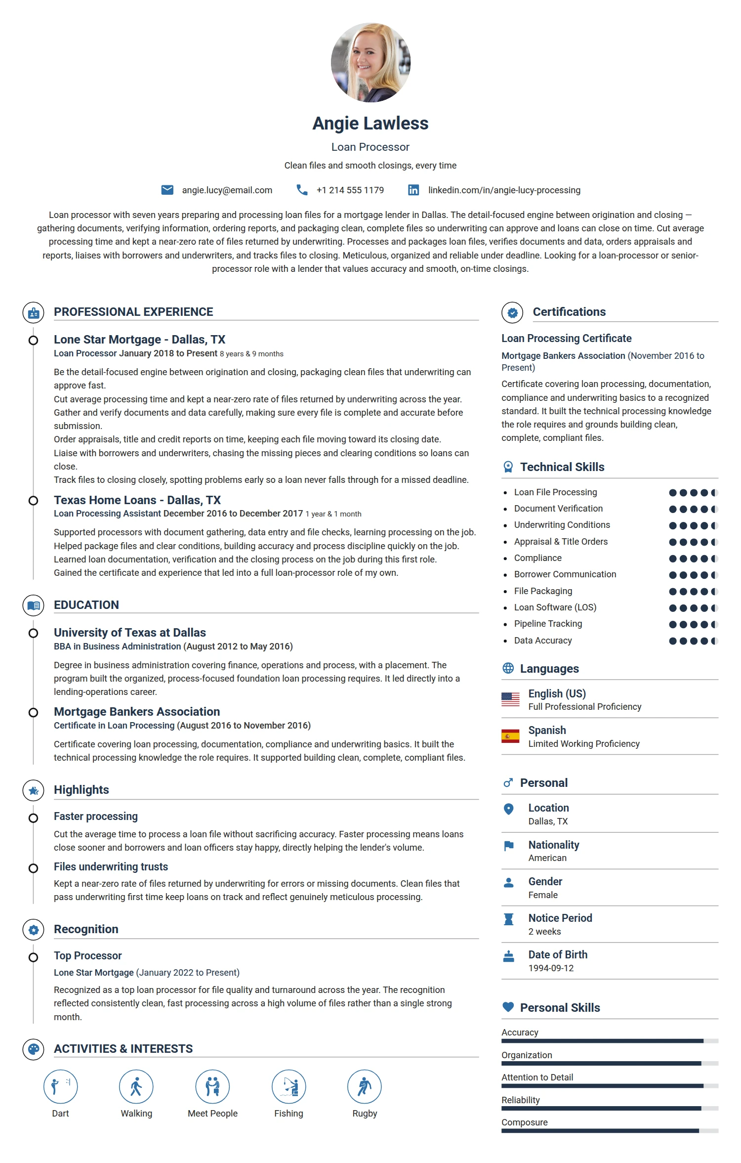 Loan Processor resume example — a professionally formatted Financial Services & Banking CV sample