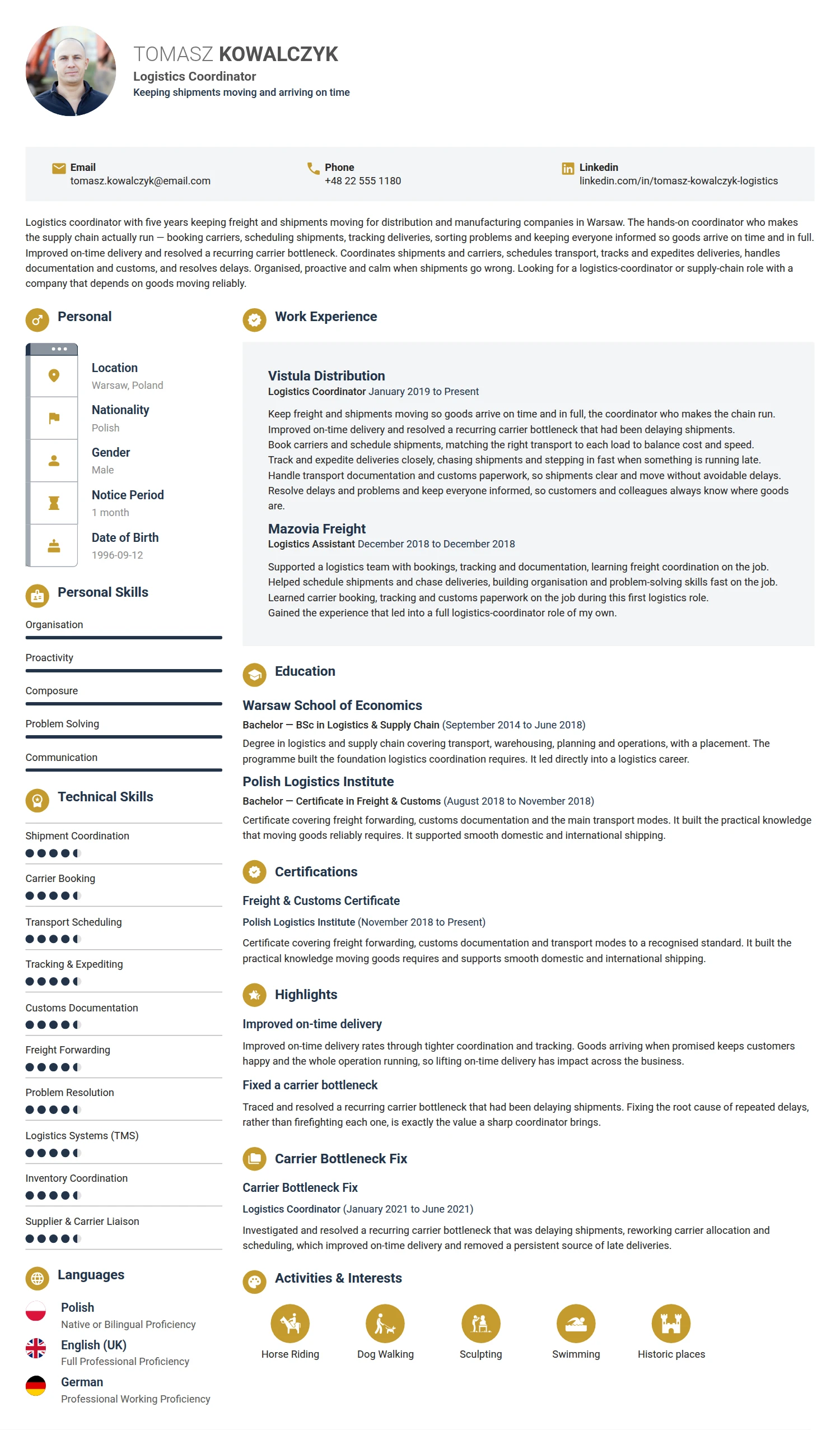 Logistics Coordinator resume example — a professionally formatted Logistics/Supply Chain CV sample