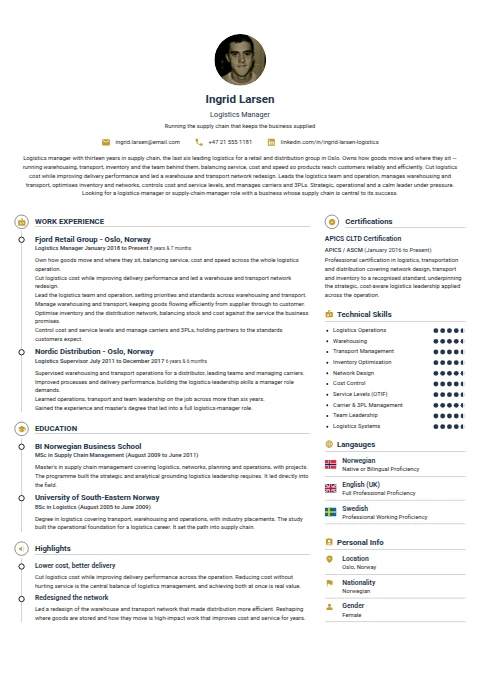 Logistics Manager resume example