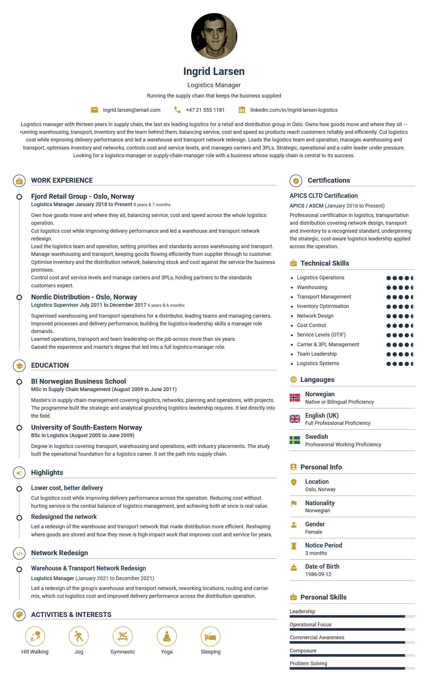 Logistics Manager resume example — a professionally formatted Logistics/Supply Chain CV sample