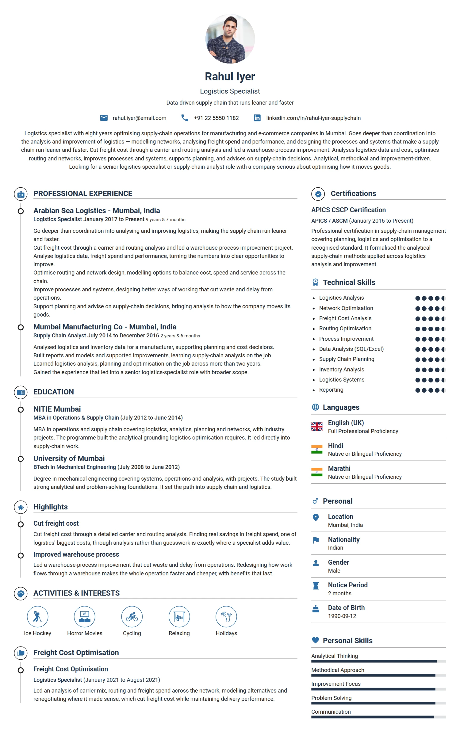 Logistics Specialist resume example — a professionally formatted Logistics/Supply Chain CV sample
