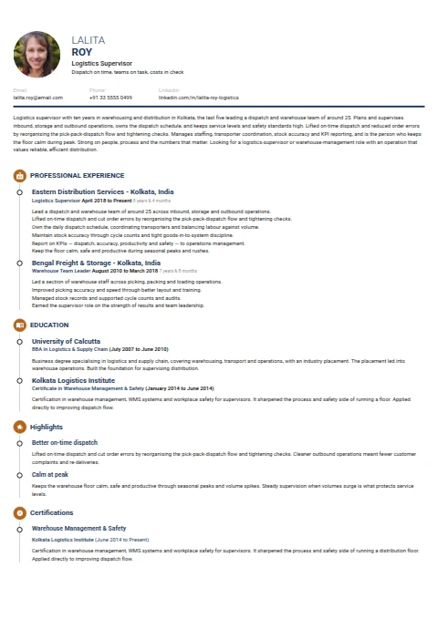 Logistics Supervisor resume example