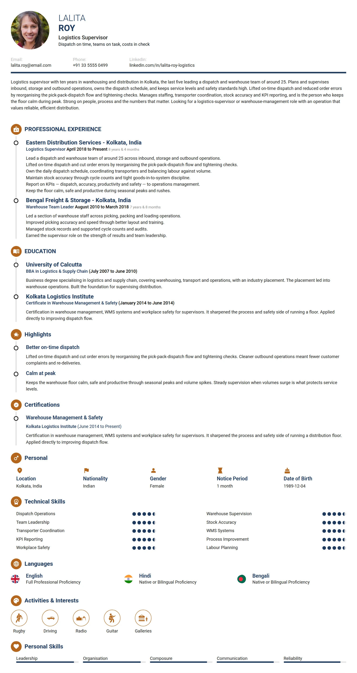 Logistics Supervisor resume example — a professionally formatted Logistics/Supply Chain CV sample