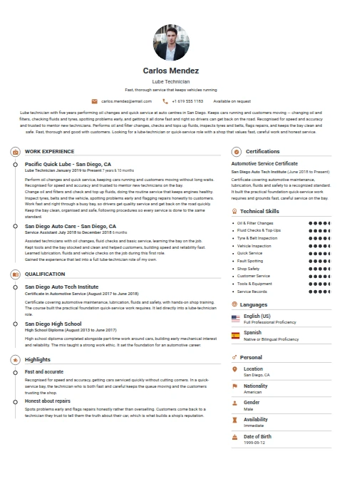 Lube Technician resume example