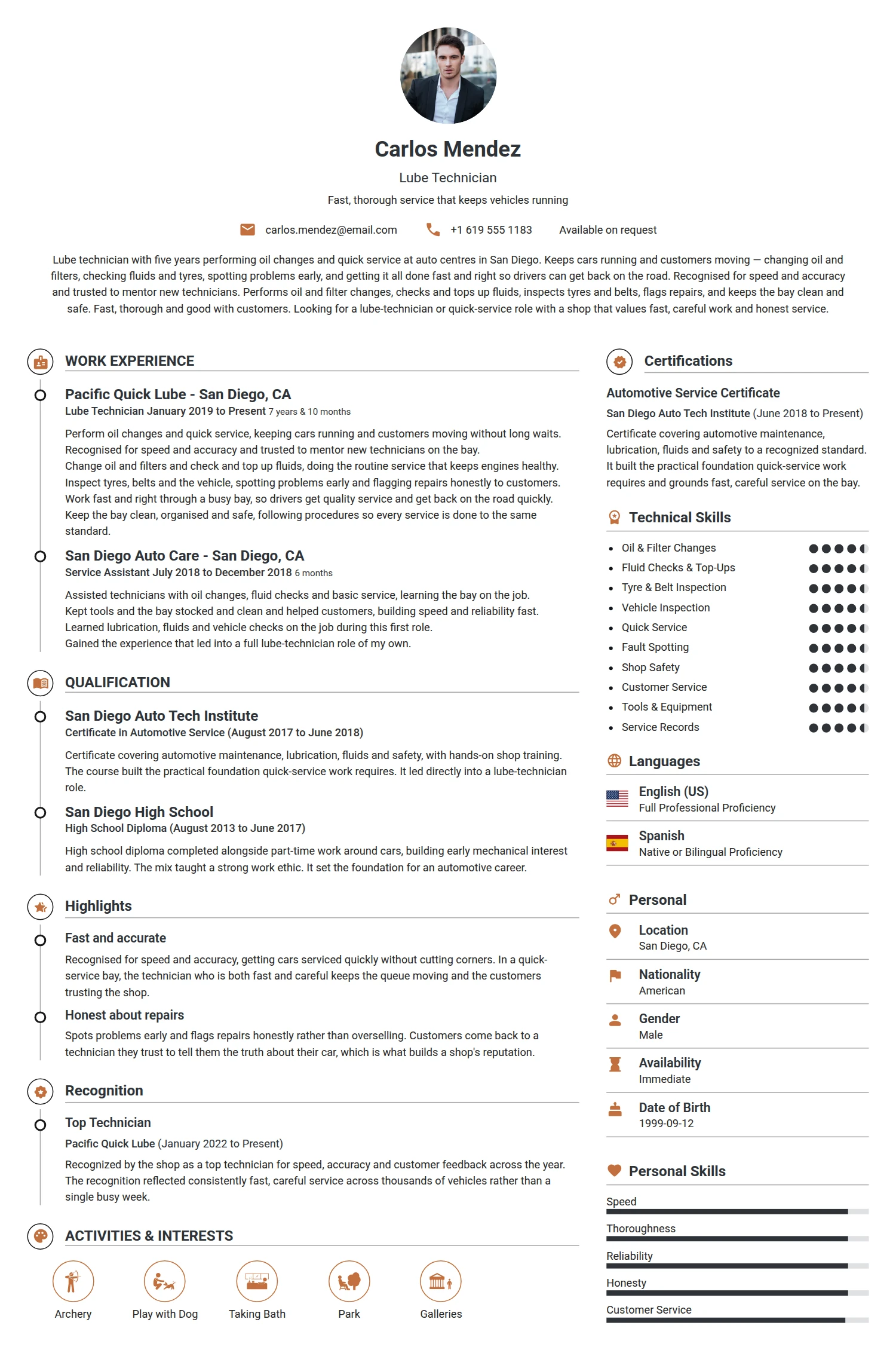 Lube Technician resume example — a professionally formatted Misc CV sample
