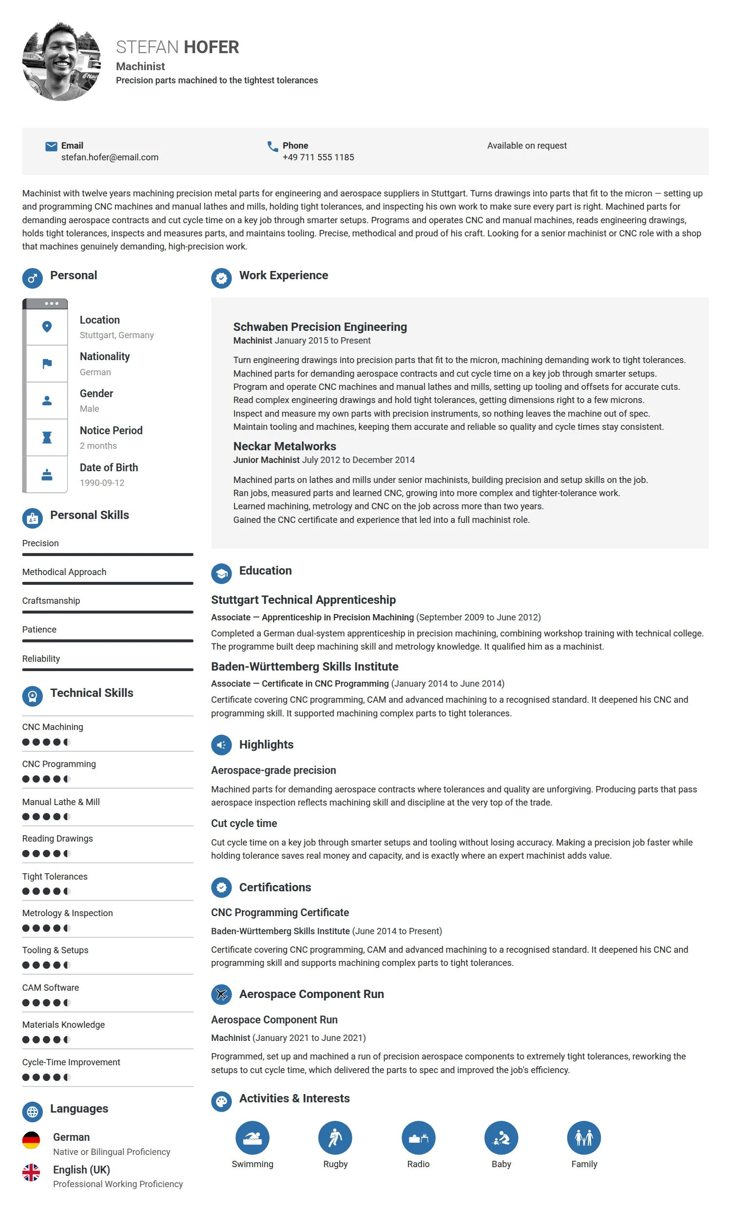 Machinist resume example — a professionally formatted Manufacturing CV sample