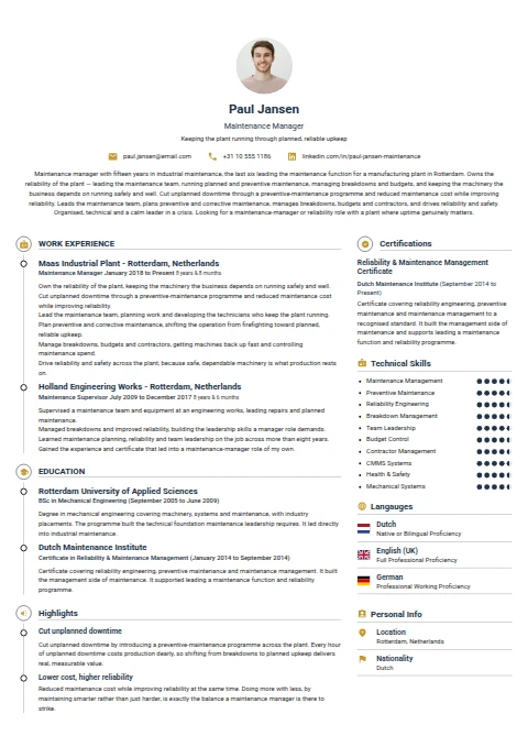 Maintenance Manager resume example — a professionally formatted Maintenance/Repair CV sample