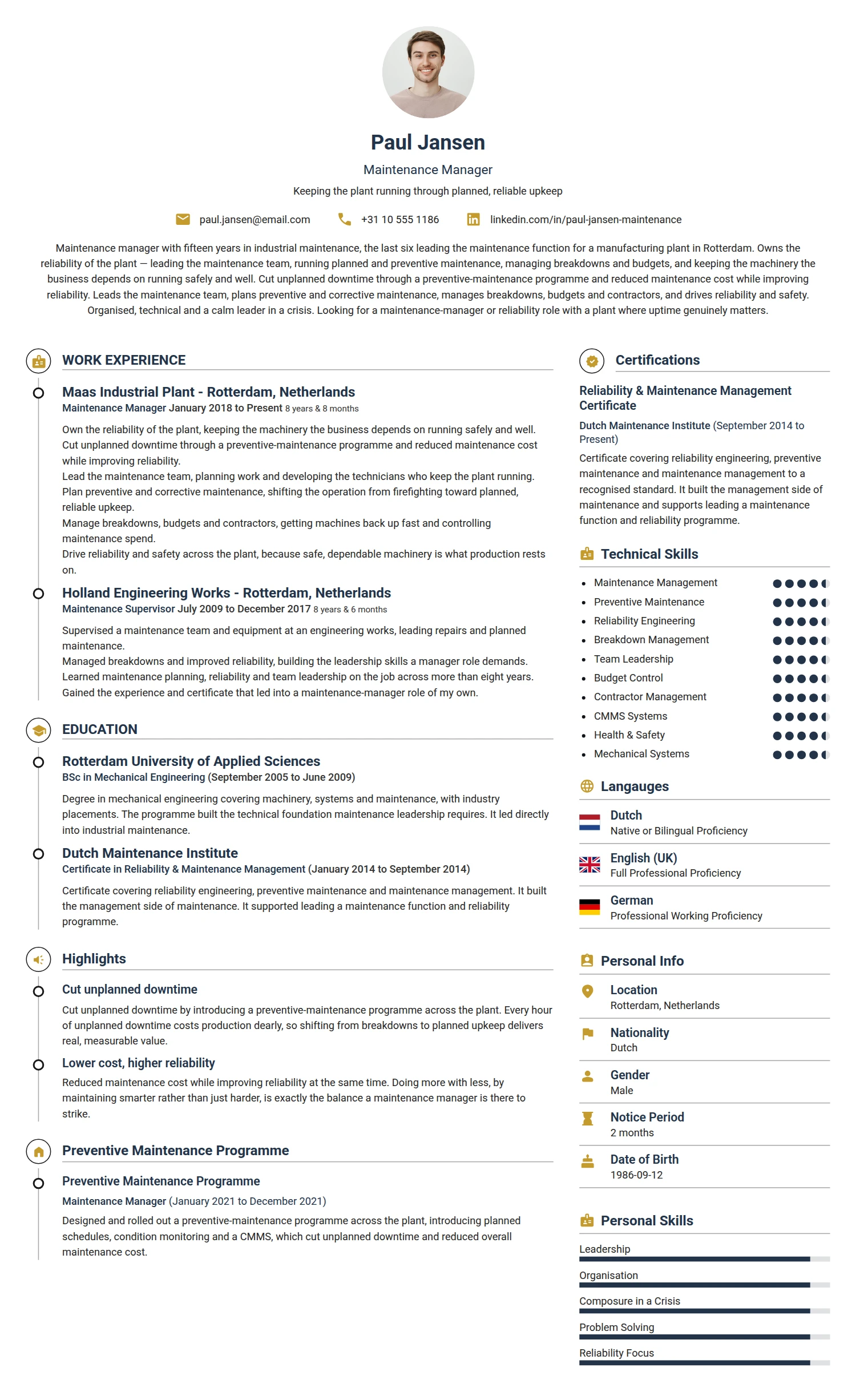 Maintenance Manager resume example — a professionally formatted Maintenance/Repair CV sample