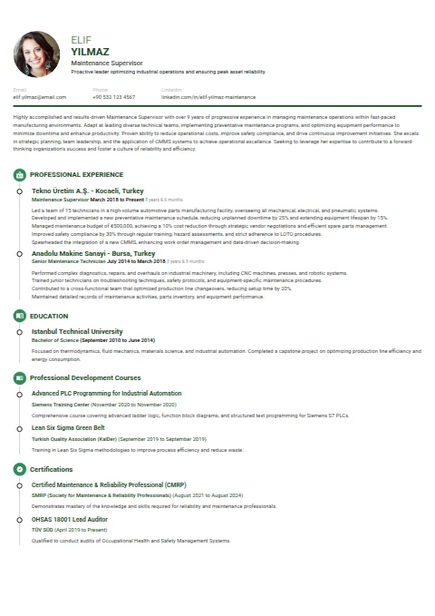 Maintenance Supervisor resume example