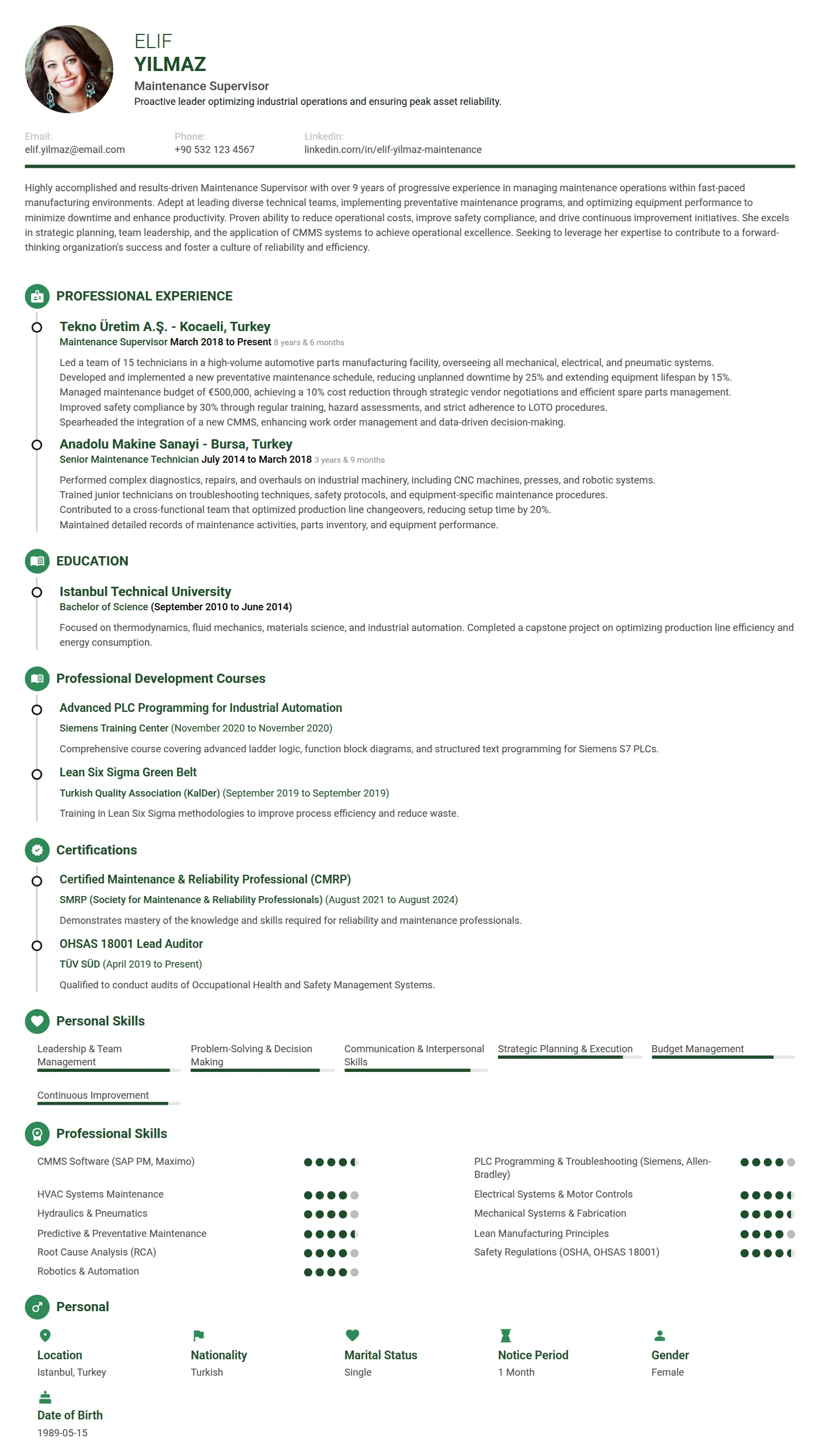Maintenance Supervisor resume example — a professionally formatted Maintenance/Repair CV sample